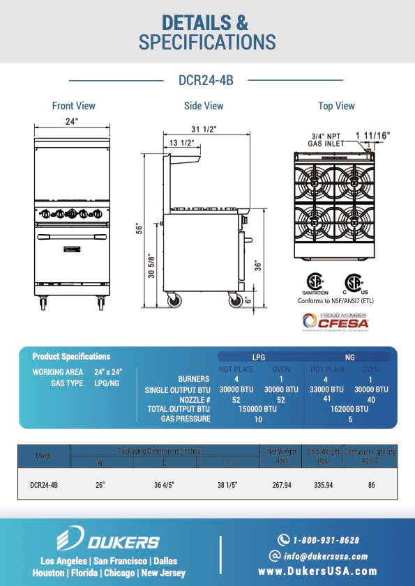 DCR24-4B 24″ Gas Range with Four (4) Open Burners