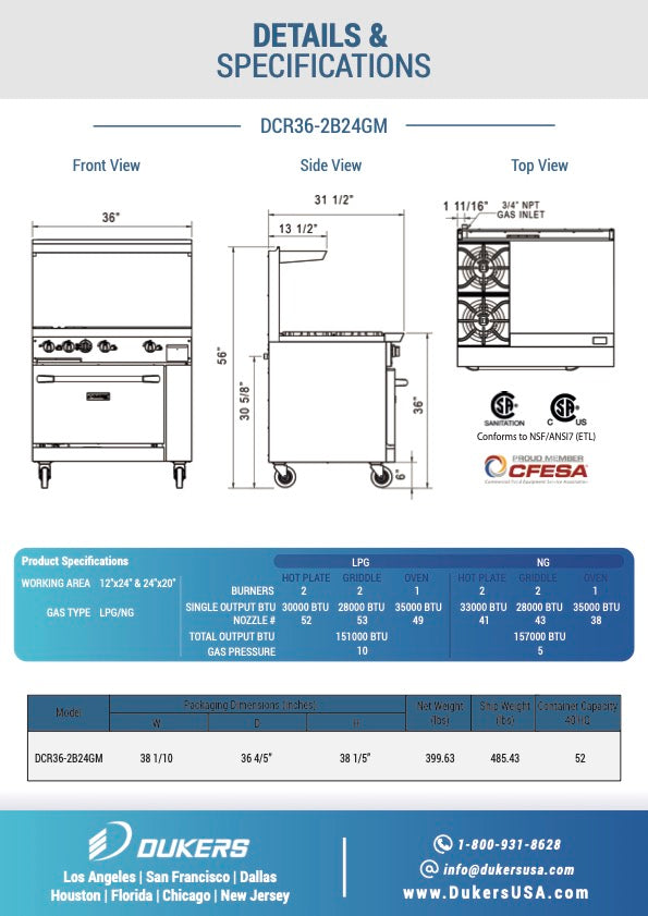 DCR36-2B24GM 36″ Gas Range with Two (2) Open Burners & 24″ Griddle