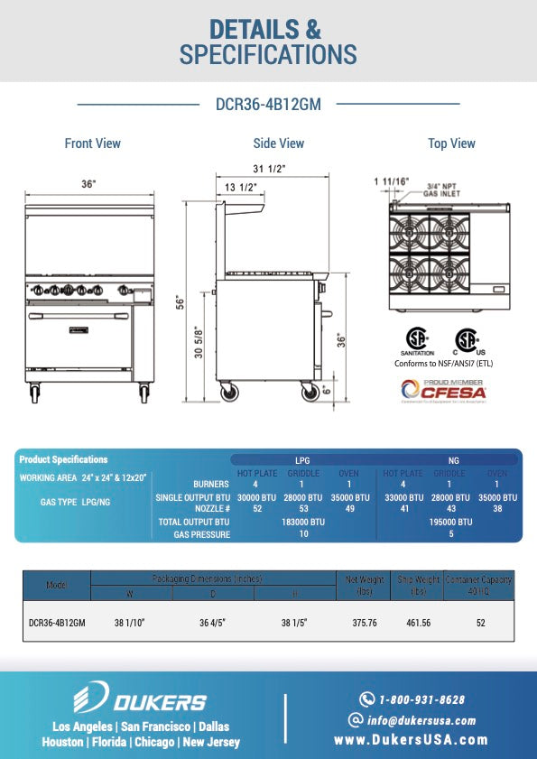 DCR36-4B12GM 36″ Gas Range with Four (4) Open Burners & 12″ Griddle