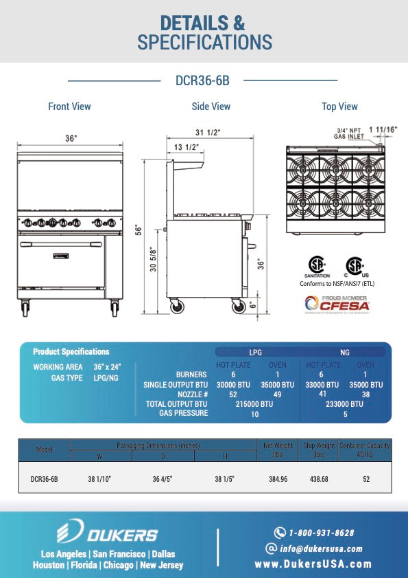 DCR36-6B 36″ Gas Range with Six (6) Open Burners