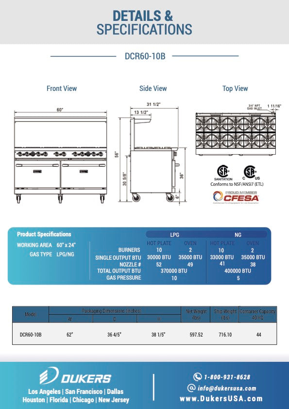 DCR60-10B 60″ Gas Range with Ten (10) Open Burners