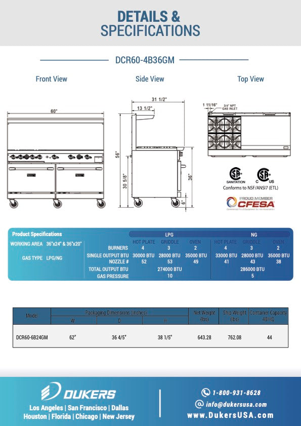 DCR60-4B36GM 60″ Gas Range with Four (4) Open Burners & 36″ Griddle