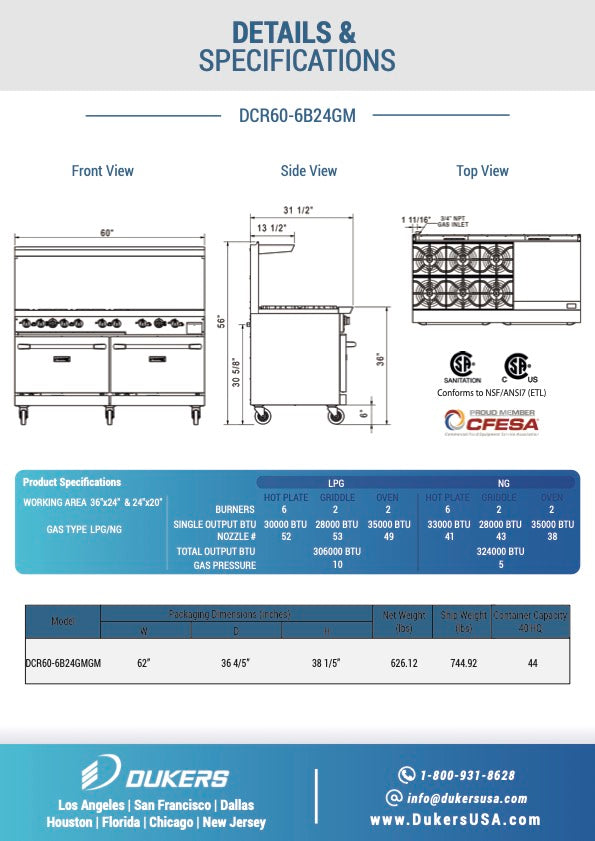 DCR60-6B24GM 60″ Gas Range with Six (6) Open Burners & 24″ Griddle