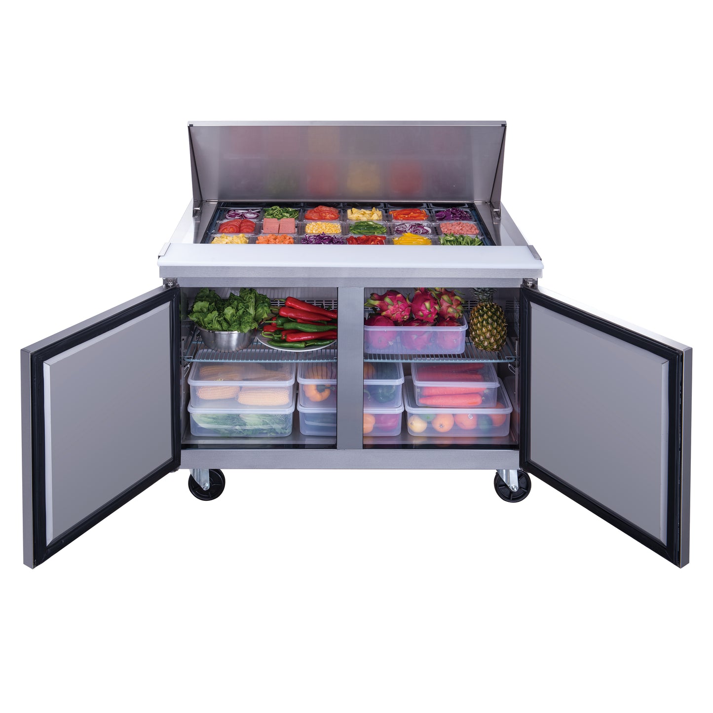 DSP48-18M-S2 2-Door Commercial Food Prep Table Refrigerator in Stainless Steel with Mega Top