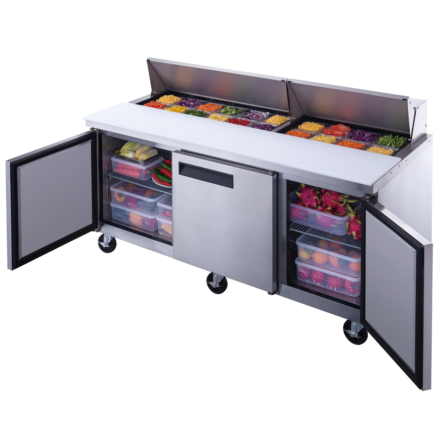 DSP72-18-S3 3-Door Commercial Food Prep Table Refrigerator in Stainless Steel